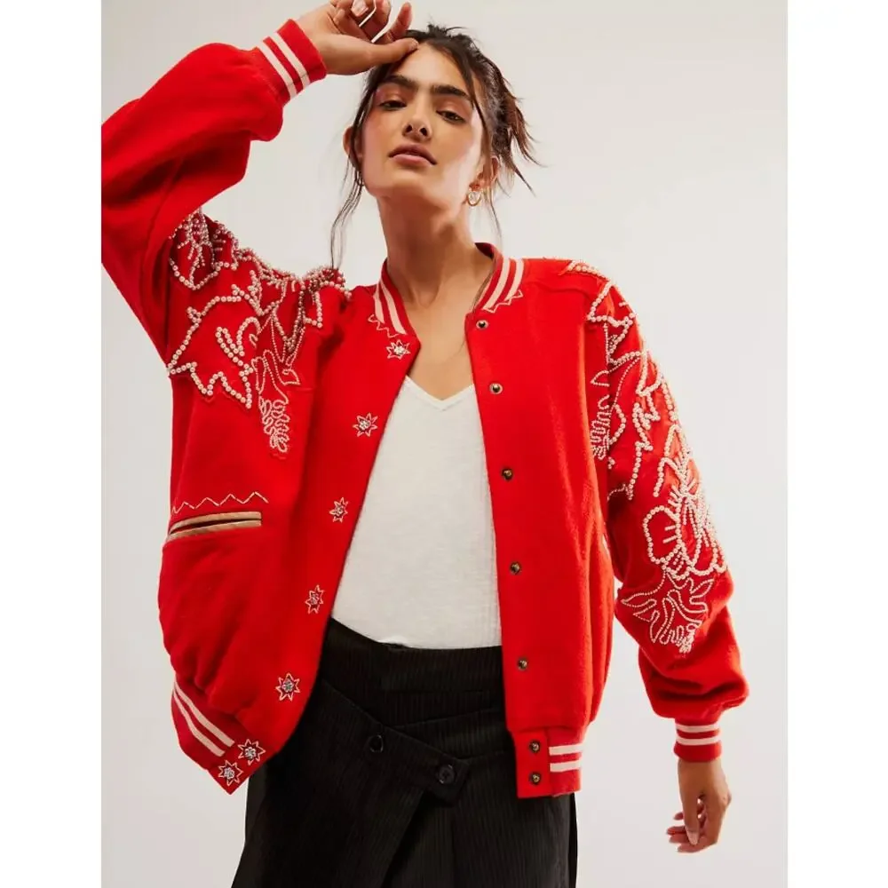 Free People Pretty In Pearls Bomber Jacket Varsity Red Medium M - Picture 2 of 14